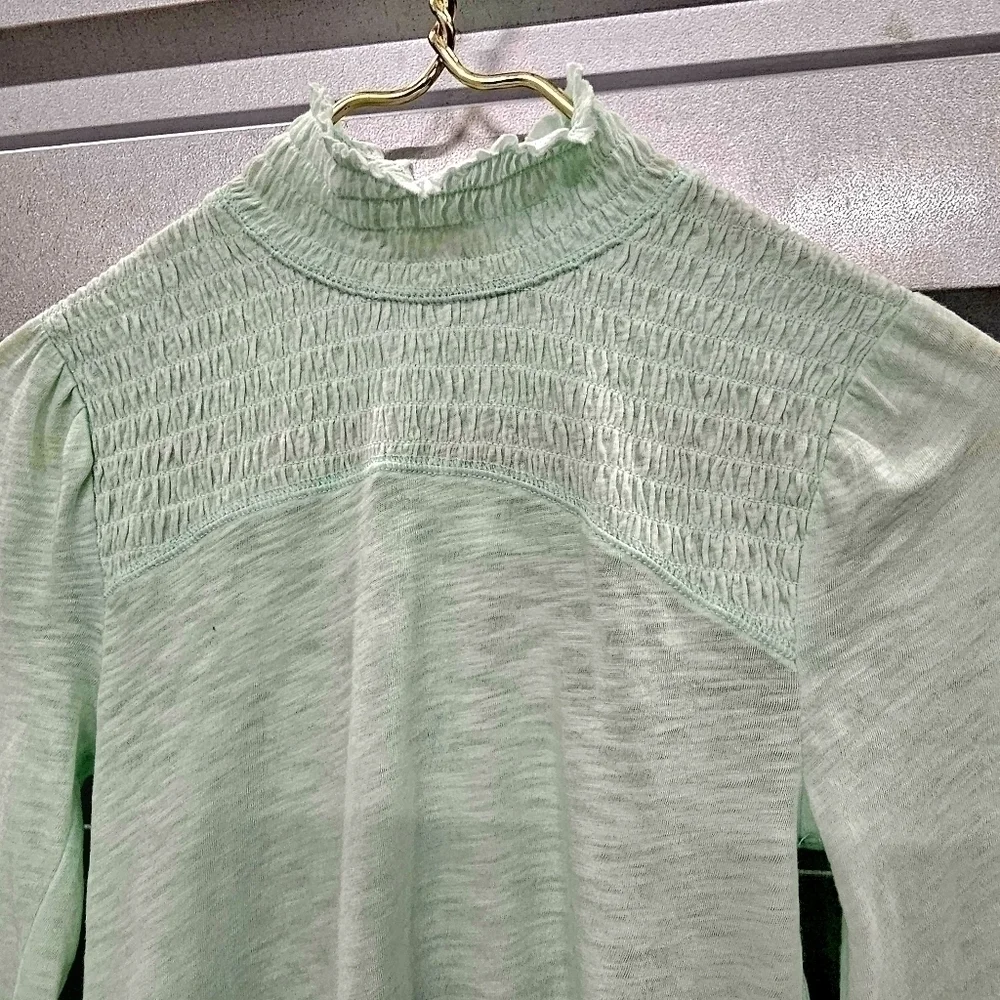 Free People Smocked Turtleneck Shirt In Iced Aqua